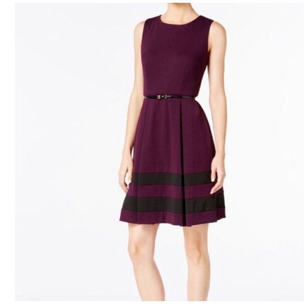 Calvin Klein Women Sleeveless Purple Inverted Pleat Belted Dress Size 6